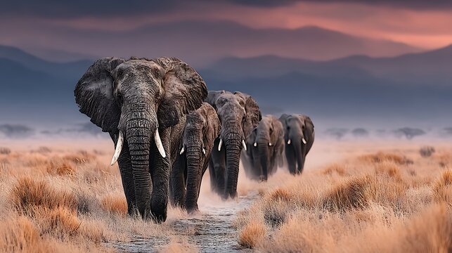 Herd of elephants walking together along dusty savanna path at golden sunset images
