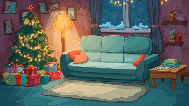 29.Festive vector room layout with a contemporary sofa, twinkling Christmas tree, ribbon-wrapped gifts, and warm indoor lighting, composed in a friendly cartoon style.