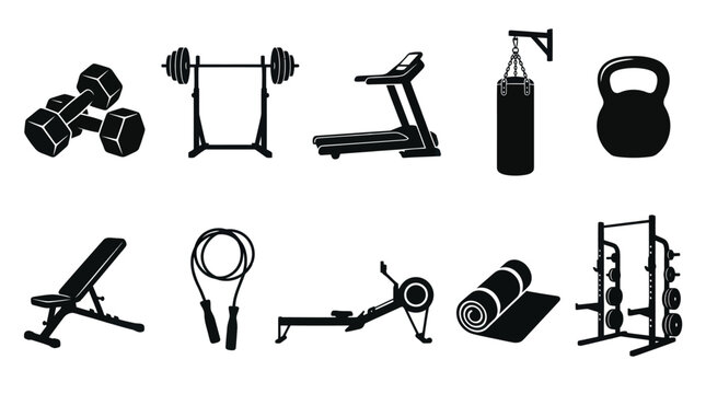 Fitness Equipment Icons Set - Black  White Glyph Style
