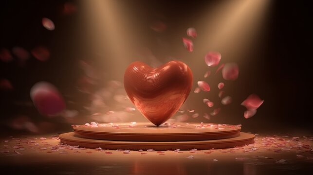 35.Dramatic podium display with a bold glossy red heart glowing under focused stage lights, surrounded by floating petals, light flares, and a silky warm-toned background.