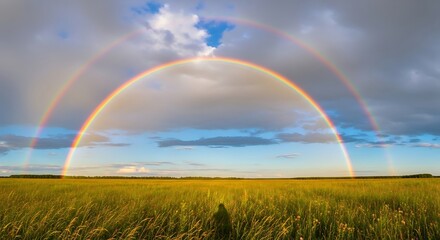 Naklejka premium Vivid Double Rainbow Arches Over a Lush Green Field Under a Dramatic Cloudy Sky