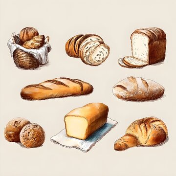 Hand-drawn illustration of various bread and baked goods