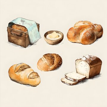 Hand-drawn illustration of various bread and baked goods