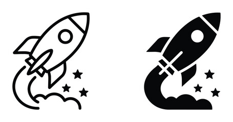 Rocket Ship Launch Icons, Space Exploration Vector Graphics, Futuristic Startup Symbols, Celestial Journey Illustrations © PERFECT QUALITY