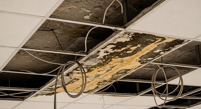 Water damage on suspended ceiling tiles with exposed wires and building infrastructure