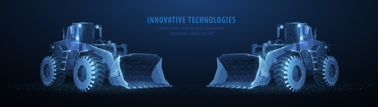 Loaders. Two abstract 3d wheel heavy loader poligonal illustration on blue. Construction machinery equipment, earth building bulldozer, earthmoving machine technology, industrial construction concept