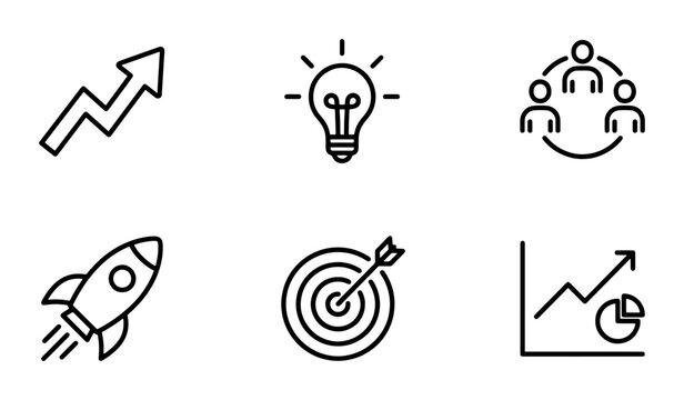 Business Growth Icons: Startup Rocket, Idea Lightbulb, Teamwork, Target, and Analytics Chart Vector Set