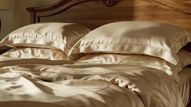 Luxurious Bedroom Interior Soft Silk Bedding With Natural Sunlight Warmth