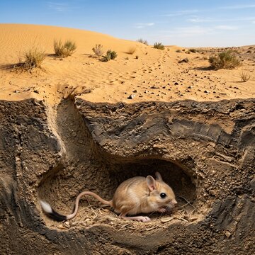 Detailed Cross-Sectional Digital Painting Of A Desert Jerboa In Its Underground Burrow Beneath A Sandy Dune Landscape