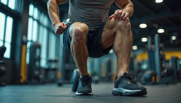 Man with muscular legs does lunges in gym. Athlete trains hard, building strong lower body muscles for peak physical condition. Focus on leg strength workout.