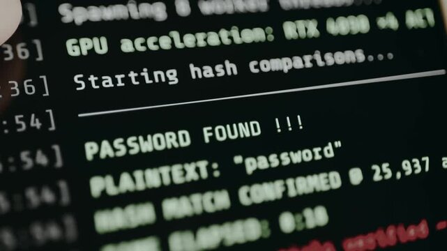 Log output from a password cracking utility, successful recovery of a password. Ethical hacking concept