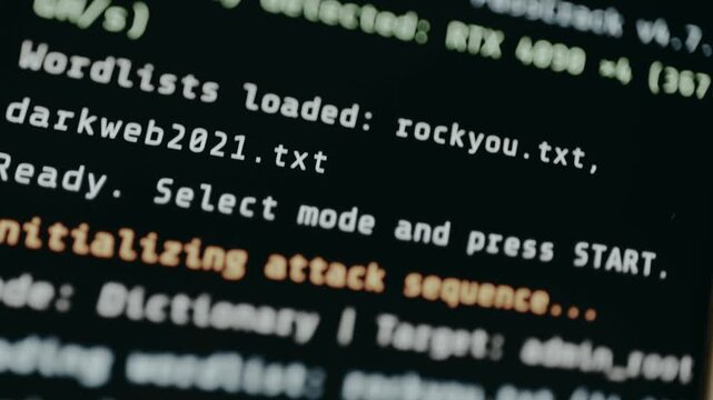 Terminal interface indicating a dictionary attack, password cracking