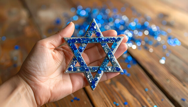 Hand holding a sparkling Star of David ornament with blue confetti.