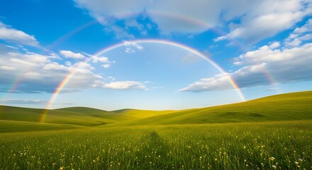 Naklejka premium Vibrant double rainbow arches over rolling green hills under a bright blue sky with fluffy clouds