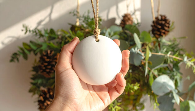 Hand holding a white ceramic Christmas ornament with pine cones and greenery.