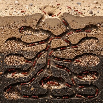 Intricate Detailed Ant Colony Underground Cross-Section With Queen And Foraging Workers In Detailed Illustration