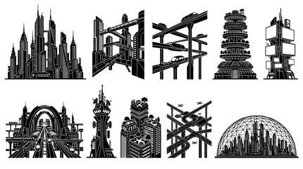 Obraz premium Futuristic Cityscape Vector Art: Future Buildings, Transport, and Domes