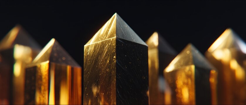 Golden Pyramid-shaped Crystal Structures on Dark Background