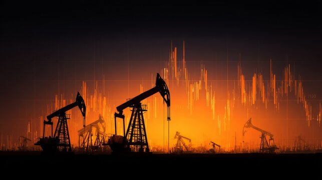 Oil Pumps and Stock Market Graph in Orange Light