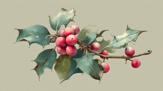 77.Slightly aged illustration of mistletoe and holly tied together, soft pastel-like colors, understated shadows enhancing the traditional gentle look.
