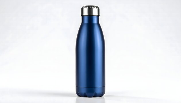 Blue stainless steel vacuum insulated water bottle with silver cap isolated on white background