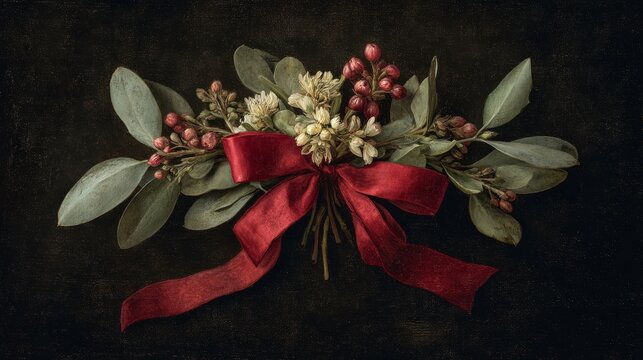 78.Timeless botanical arrangement hanging by a red bow, mistletoe and holly depicted with soft vintage textures, elegant composition with balanced muted tones.