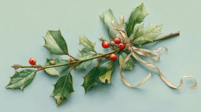 77.Slightly aged illustration of mistletoe and holly tied together, soft pastel-like colors, understated shadows enhancing the traditional gentle look.