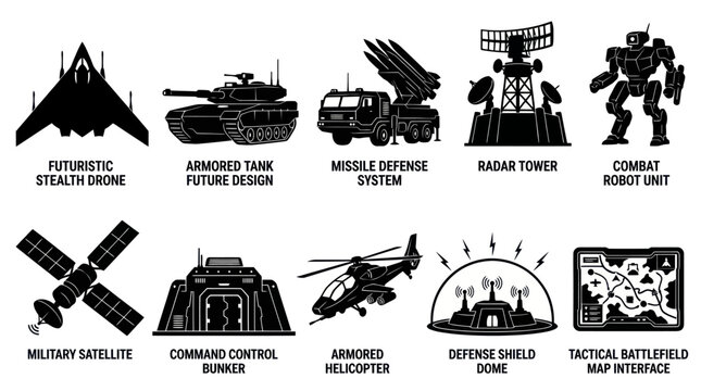 Military Defense and Futuristic Warfare Technology Icons Set - Black  White Glyphs