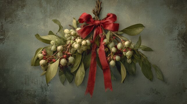 78.Timeless botanical arrangement hanging by a red bow, mistletoe and holly depicted with soft vintage textures, elegant composition with balanced muted tones.