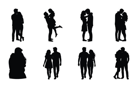 Romantic Couple Silhouettes, Love Embrace Poses, Affectionate Pair Vector Icons, Black Figures in Intimate Moments