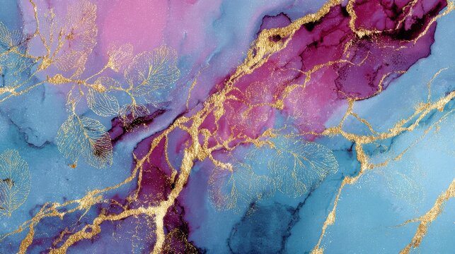 82.Marble-style abstract artwork with floral and leaf motifs subtly embedded, aqua and deep violet gradients blending smoothly, golden vein patterns creating luxurious contrast.