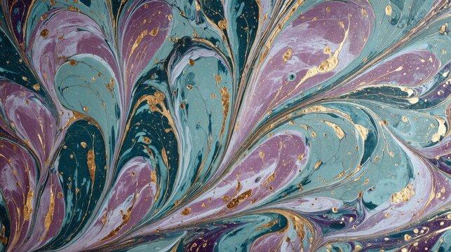 83.Rich botanical marbled texture featuring fused leaf silhouettes and soft floral curves, limited palette of teal, violet and aqua enriched by fluid metallic gold accents.