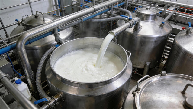 Dairy Factory Operation: Close-up shot of the automated process in a milk factory, with milk pouring into a large container, showcasing the precision and efficiency of the production line. 