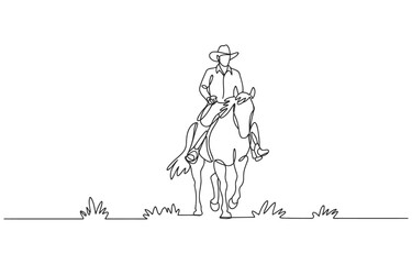 Fototapeta premium Line drawing of a cowboy riding a horse with line art white background one continuous hand drawn equestrian outdoors illustration minimalist isolated agriculture countryside