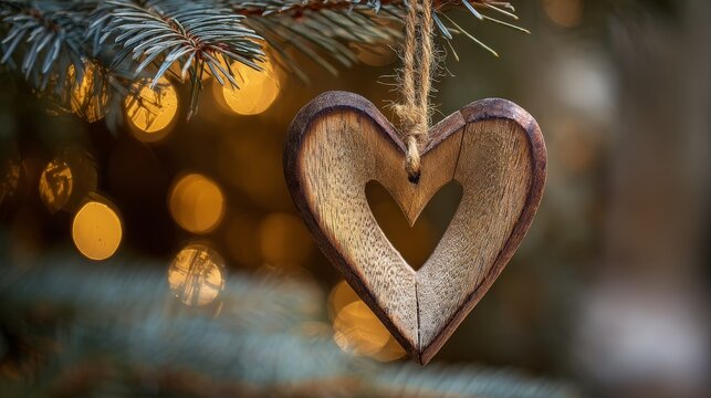 90.Charming handcrafted wooden ornament with smooth texture and heart cutout, displayed on a Christmas tree branch, dreamy golden bokeh giving a soft winter holiday backdrop.