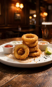 Torre de aros de cebolla crujientes con salsas variadas y una pinta de cerveza en un pub r&uacute;stico