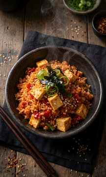 Arroz frito picante con tofu, s&eacute;samo, cebollino y algas nori en un bol r&uacute;stico con vapor
