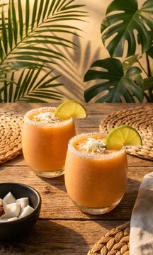 Dos c&oacute;cteles granizados de mel&oacute;n o papaya con borde de coco y lima en una mesa de madera tropical