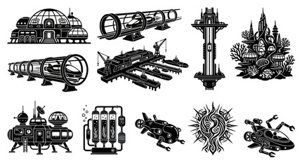 Obraz premium Futuristic City, Sci-Fi Transportation, and Technology Icons