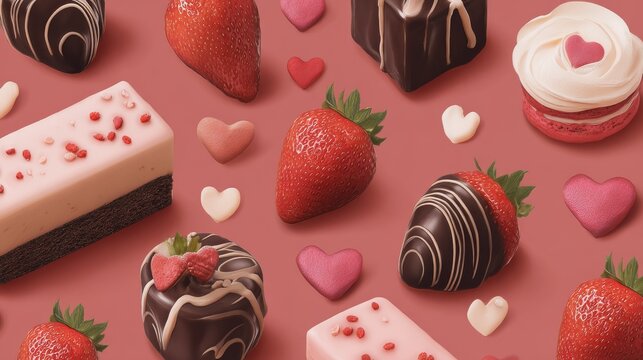 96.Playful set of illustrated sweets such as chocolate-dipped strawberries, mini cakes, and heart candies, vibrant hues and polished vector shading enhancing the festive love theme.