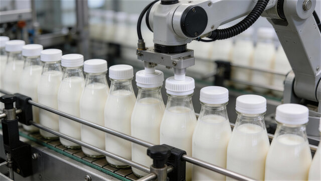 Milk Bottling Automation: A sleek robotic arm efficiently caps a line of freshly filled milk bottles, exemplifying the seamless automation in a modern dairy production facility.