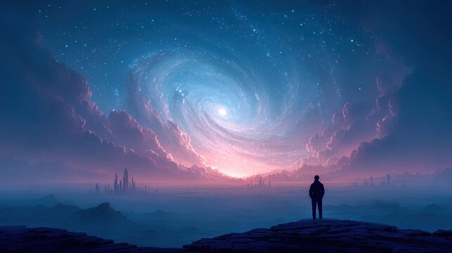 Lone figure gazes at a majestic swirling galaxy above a misty, alien landscape with distant cities