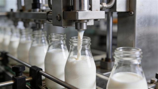 Milk Bottling Process: A close-up view captures the automated milk bottling process, showcasing the precision and efficiency of modern dairy production.