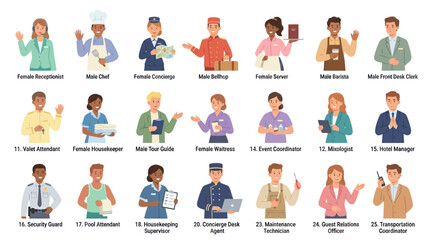 Fototapeta premium Flat Illustration of Hotel Staff Roles, Hospitality Industry Professions