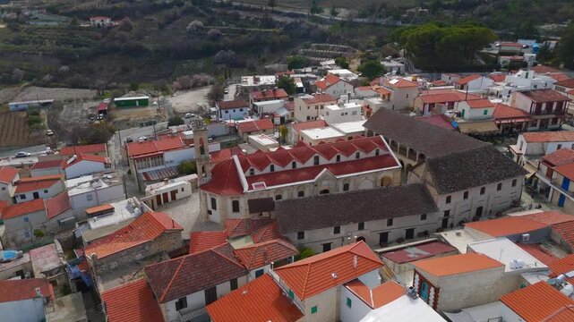 Dynamic Boomerang Drone Video of the Holy Cross Monastery Complex in Omodos Cyprus
