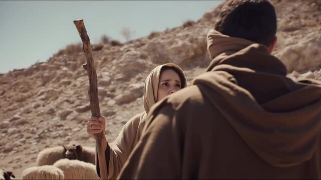 Jacob Meets Rachel at the Well Near His Uncle Laban's House. Illustration of a Bible Story