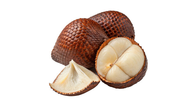 Sweet salak fruit displayed on a plain background showing its brown skin and white flesh