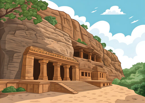 Badami caves in cliff block vector