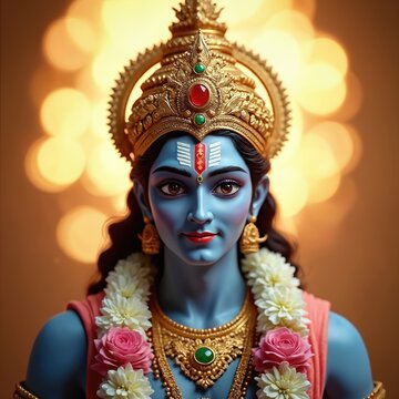 Lord Rama portrait with blue skin, golden crown, and flower garlands. He wears ornate jewelry. This divine Hindu deity celebrates festivals like Ram Navami and Dussehra. He looks serene.