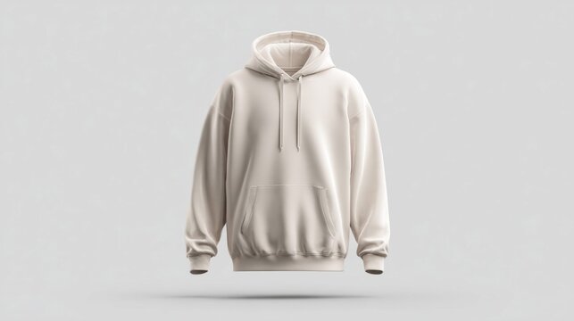Minimalist beige hoodie with a front pocket and drawstring, floating on a plain background